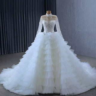 Gorgeous Puffy Ball Gown High Neck Wedding Dress with Long Sleeve - Rosymae