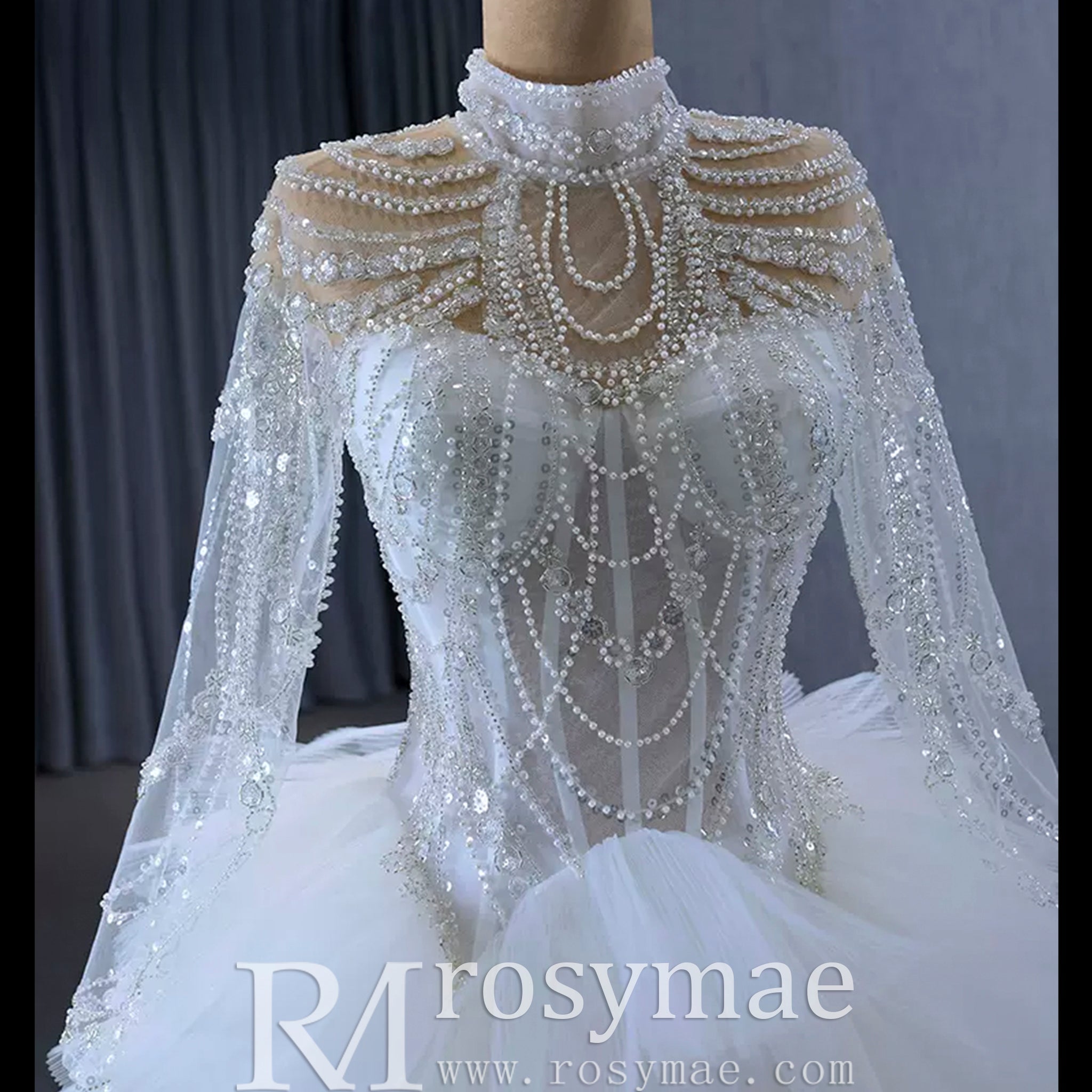 Gorgeous Puffy Ball Gown High Neck Wedding Dress with Long Sleeve - Rosymae