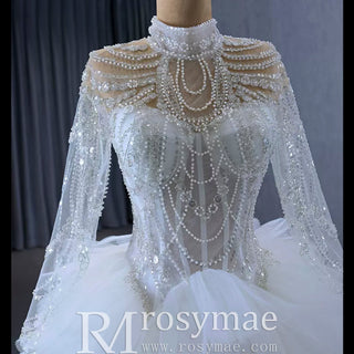 Gorgeous Puffy Ball Gown High Neck Wedding Dress with Long Sleeve - Rosymae