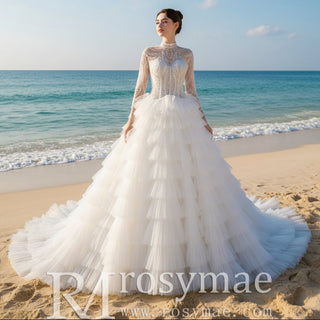 Gorgeous Puffy Ball Gown High Neck Wedding Dress with Long Sleeve - Rosymae