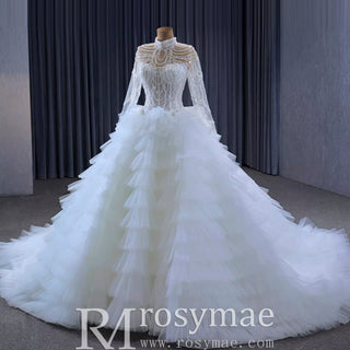 Gorgeous Puffy Ball Gown High Neck Wedding Dress with Long Sleeve - Rosymae