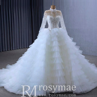 Gorgeous Puffy Ball Gown High Neck Wedding Dress with Long Sleeve - Rosymae