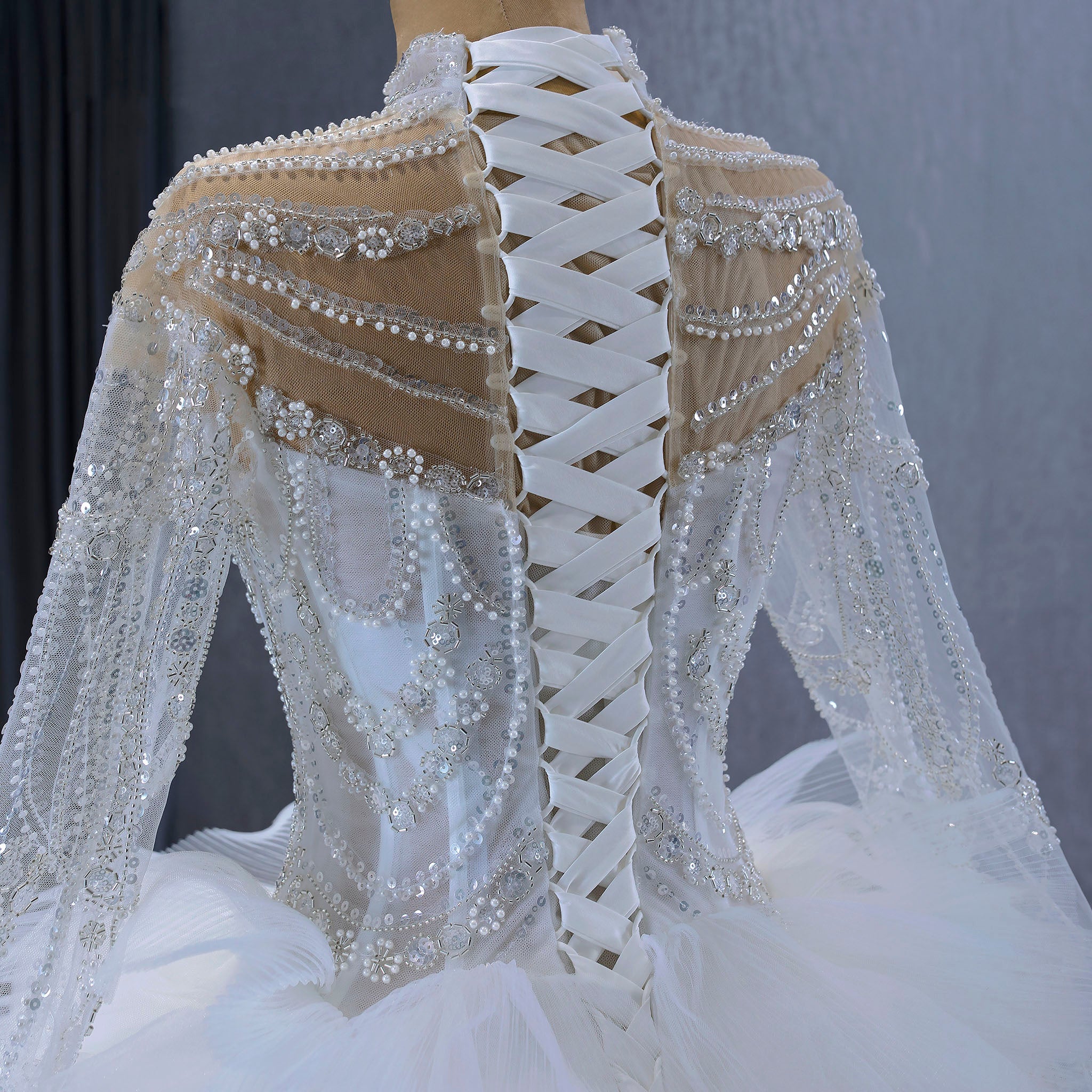Gorgeous Puffy Ball Gown High Neck Wedding Dress with Long Sleeve - Rosymae