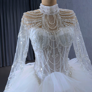 Gorgeous Puffy Ball Gown High Neck Wedding Dress with Long Sleeve - Rosymae