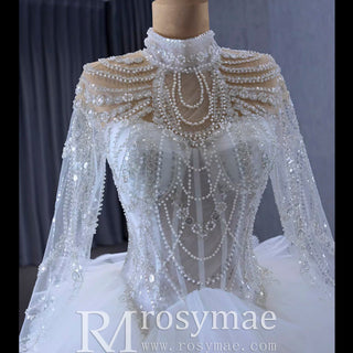 Gorgeous Puffy Ball Gown High Neck Wedding Dress with Long Sleeve - Rosymae