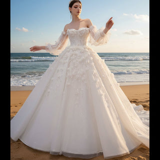 Gorgeous Puffy Ball Gown Wedding Dress with Detachable Long Sleeve - Rosymae