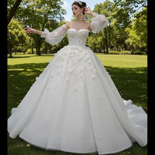 Gorgeous Puffy Ball Gown Wedding Dress with Detachable Long Sleeve - Rosymae
