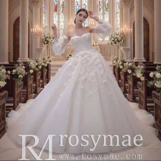 Gorgeous Puffy Ball Gown Wedding Dress with Detachable Long Sleeve - Rosymae