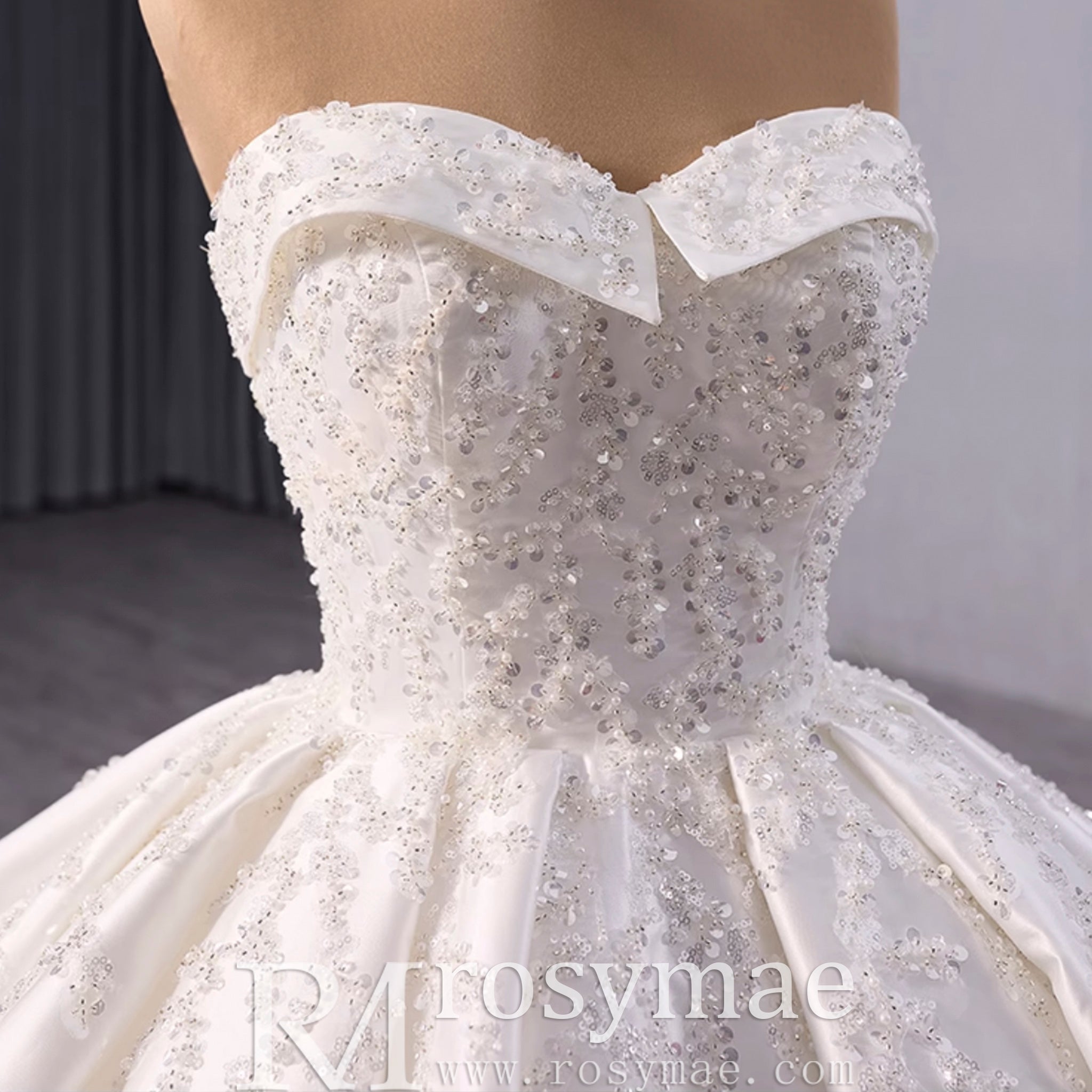 Gorgeous Puffy Skirt Ball Gown Satin Wedding Dress Royal Train - Rosymae