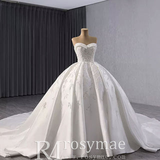 Gorgeous Puffy Skirt Ball Gown Satin Wedding Dress Royal Train - Rosymae