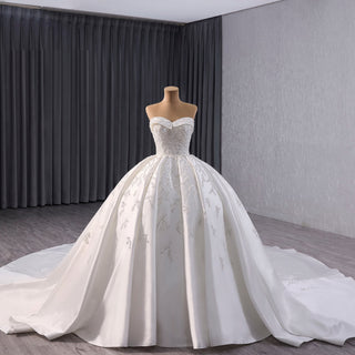 Gorgeous Puffy Skirt Ball Gown Satin Wedding Dress Royal Train - Rosymae