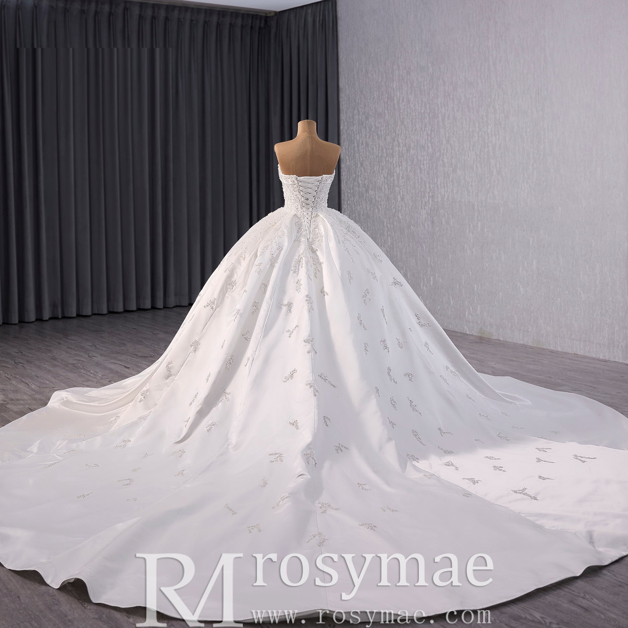 Gorgeous Puffy Skirt Ball Gown Satin Wedding Dress Royal Train - Rosymae