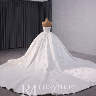 Gorgeous Puffy Skirt Ball Gown Satin Wedding Dress Royal Train - Rosymae