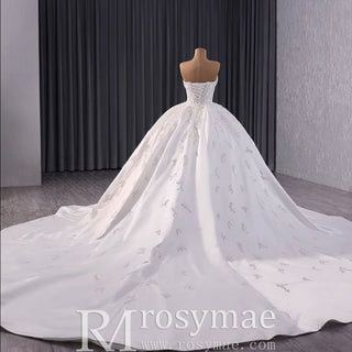 Gorgeous Puffy Skirt Ball Gown Satin Wedding Dress Royal Train - Rosymae