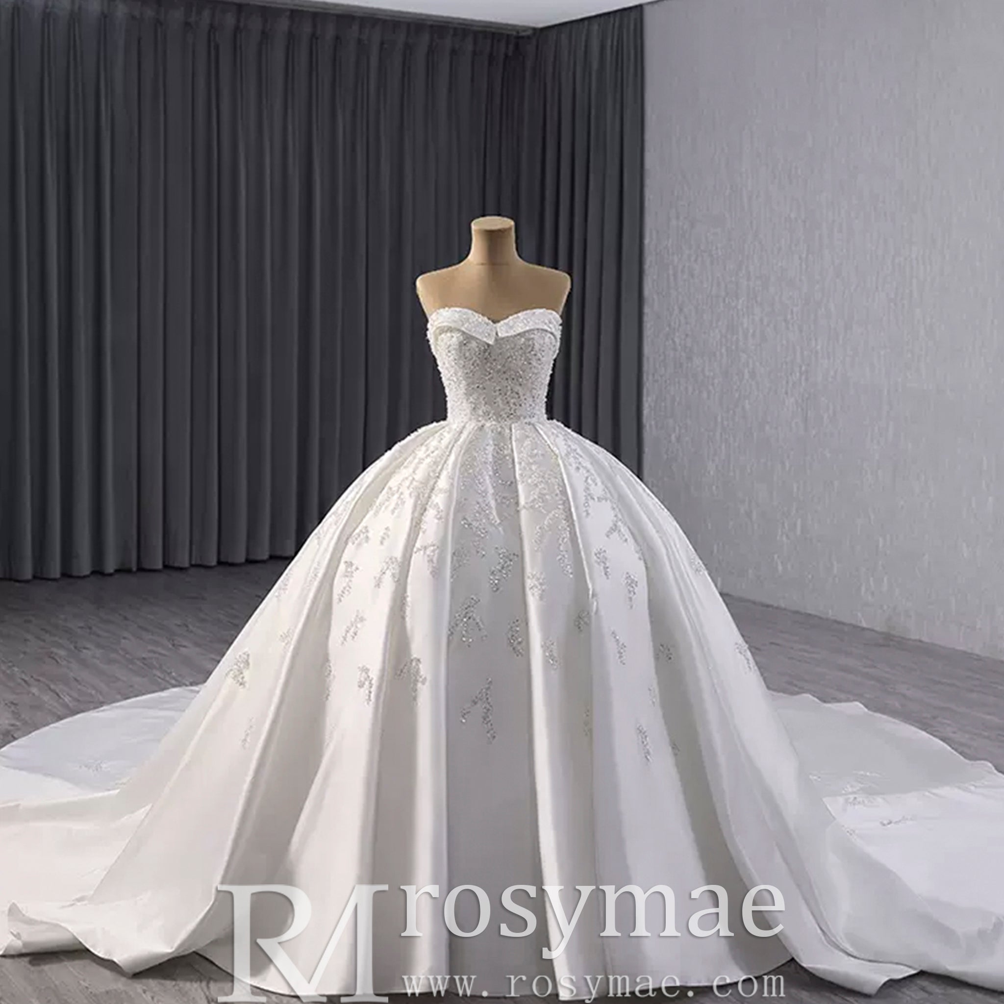 Gorgeous Puffy Skirt Ball Gown Satin Wedding Dress Royal Train - Rosymae