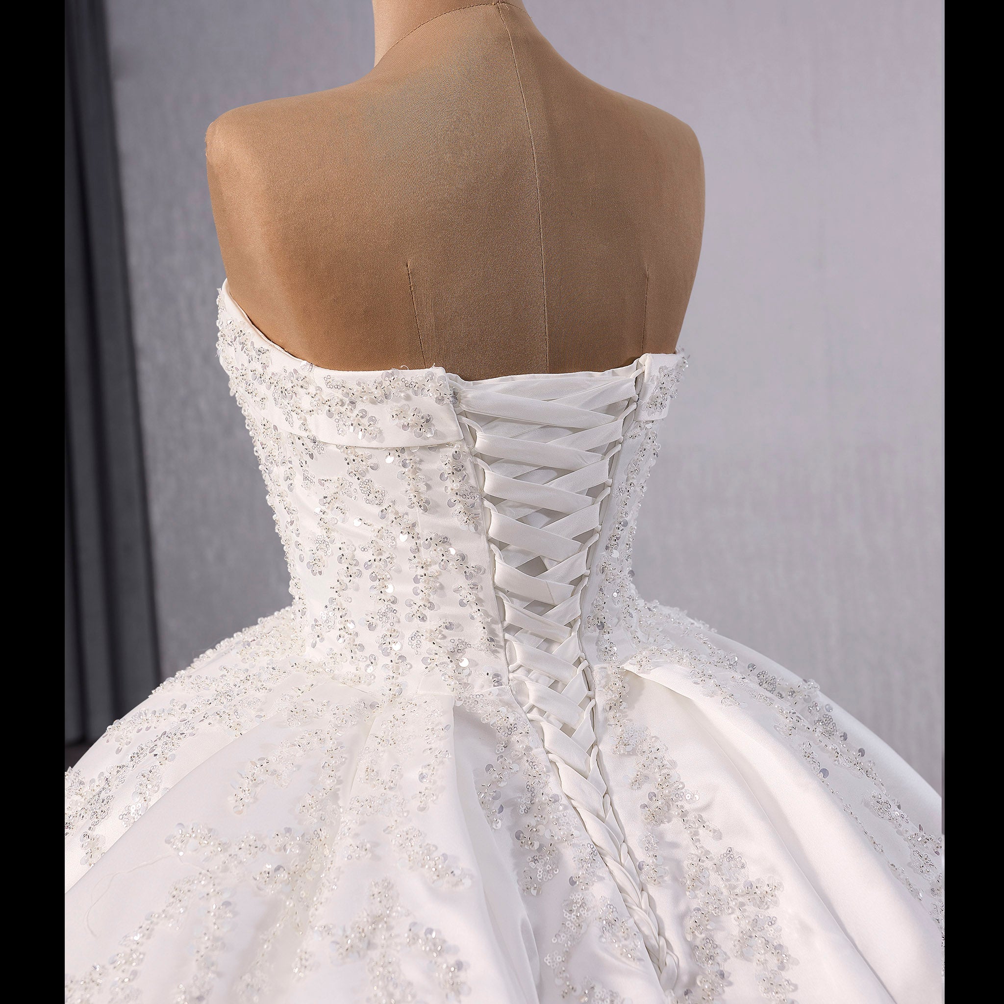 Gorgeous Puffy Skirt Ball Gown Satin Wedding Dress Royal Train - Rosymae