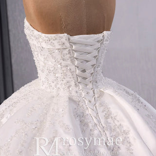 Gorgeous Puffy Skirt Ball Gown Satin Wedding Dress Royal Train - Rosymae