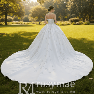 Gorgeous Puffy Skirt Ball Gown Satin Wedding Dress Royal Train - Rosymae