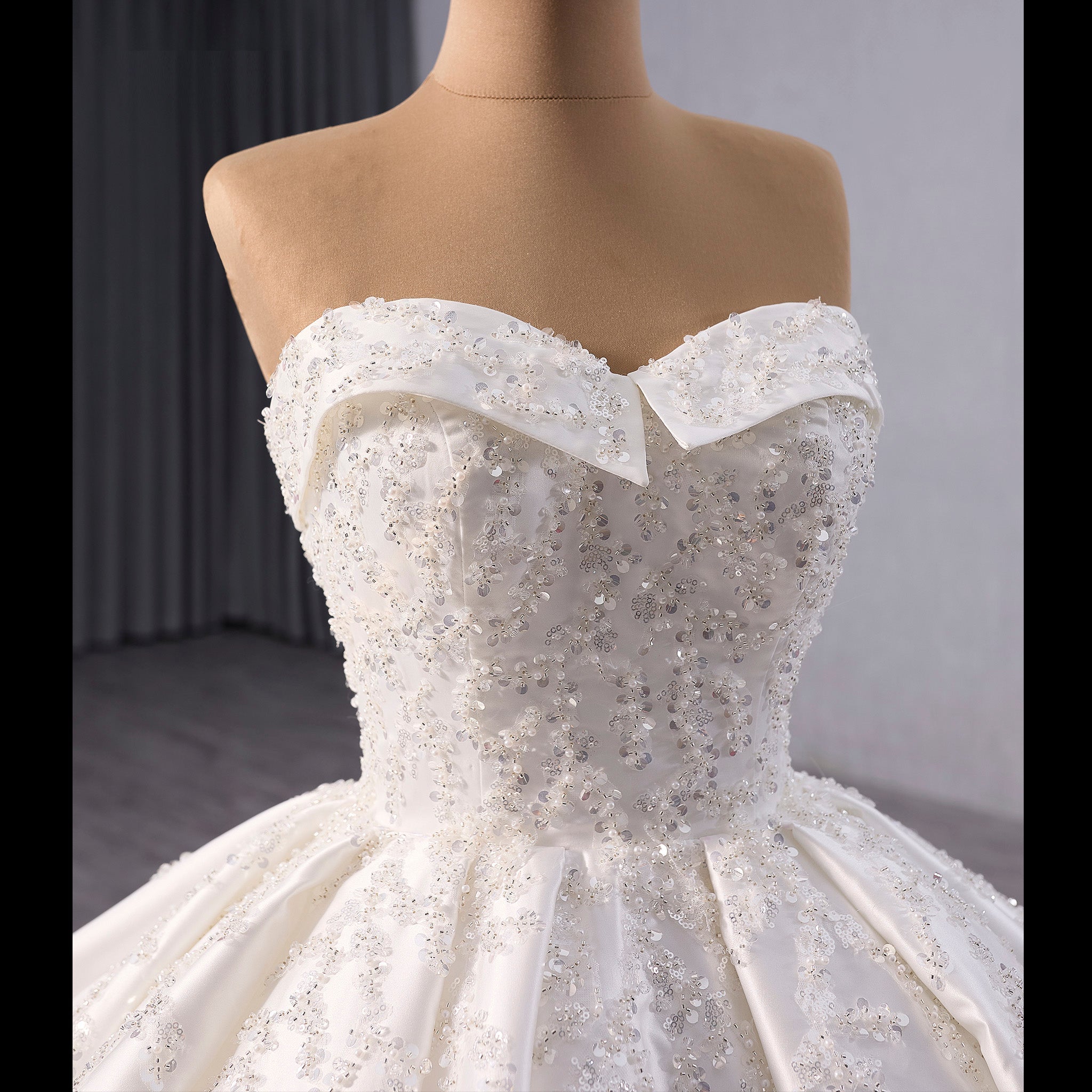 Gorgeous Puffy Skirt Ball Gown Satin Wedding Dress Royal Train - Rosymae