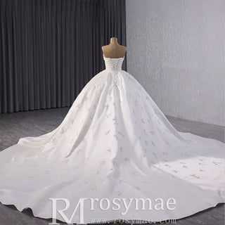 Gorgeous Puffy Skirt Ball Gown Satin Wedding Dress Royal Train - Rosymae