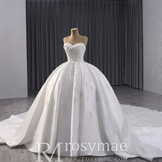 Gorgeous Puffy Skirt Ball Gown Satin Wedding Dress Royal Train - Rosymae