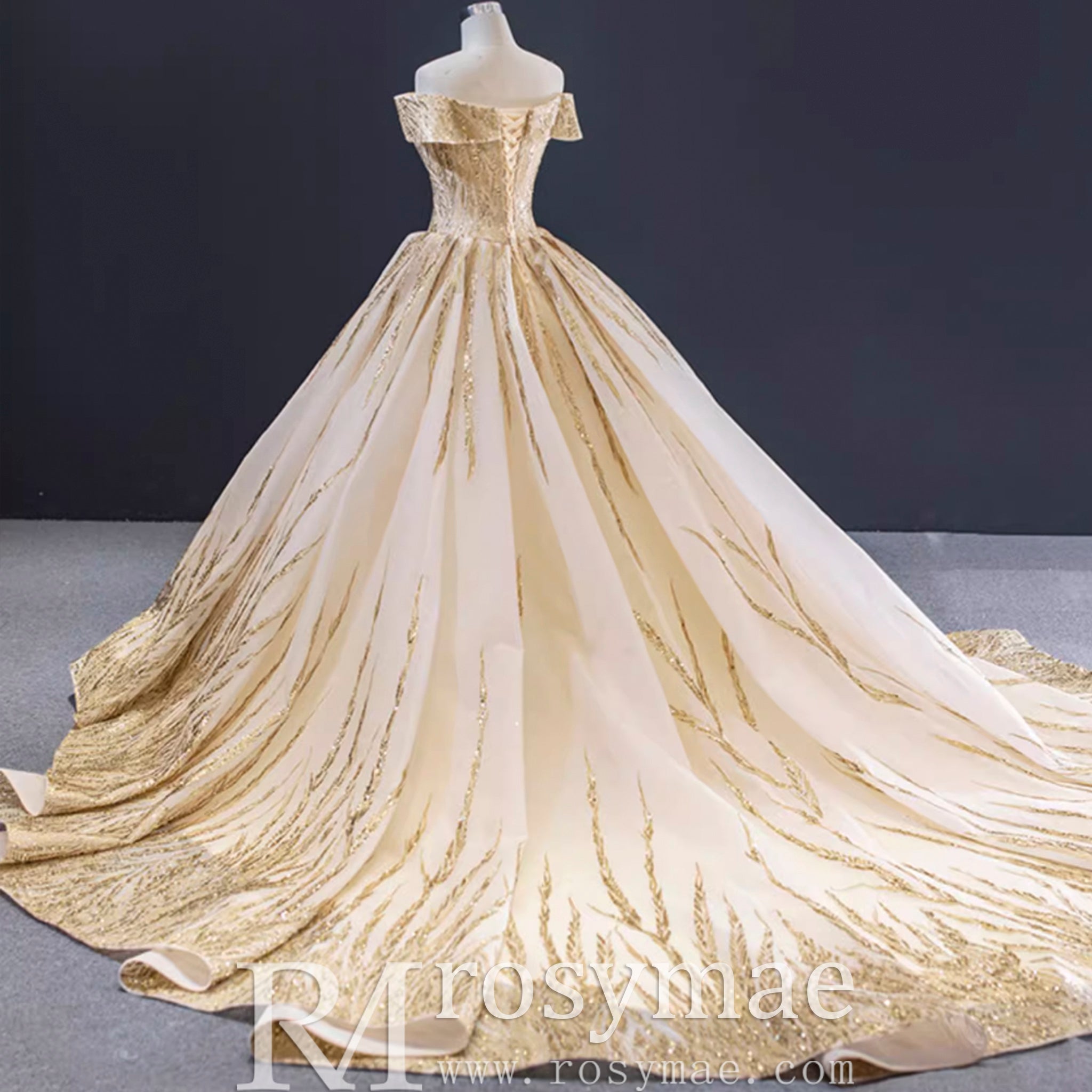 Gorgeous Puffy Skirt Gold Wedding Dress with Off The Shoulder - Rosymae