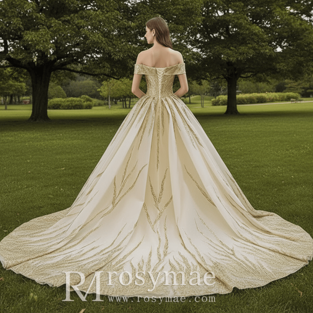 Gorgeous Puffy Skirt Gold Wedding Dress with Off The Shoulder - Rosymae