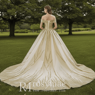 Gorgeous Puffy Skirt Gold Wedding Dress with Off The Shoulder - Rosymae