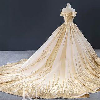 Gorgeous Puffy Skirt Gold Wedding Dress with Off The Shoulder - Rosymae