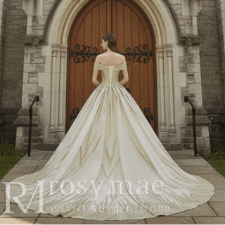 Gorgeous Puffy Skirt Gold Wedding Dress with Off The Shoulder - Rosymae