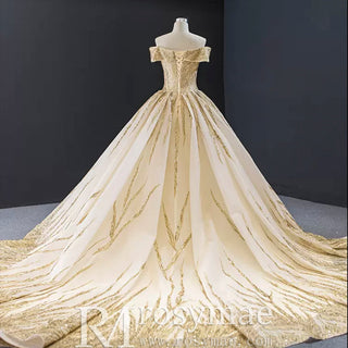 Gorgeous Puffy Skirt Gold Wedding Dress with Off The Shoulder - Rosymae