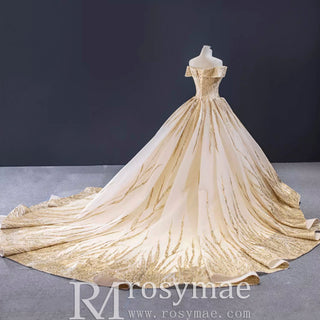 Gorgeous Puffy Skirt Gold Wedding Dress with Off The Shoulder - Rosymae