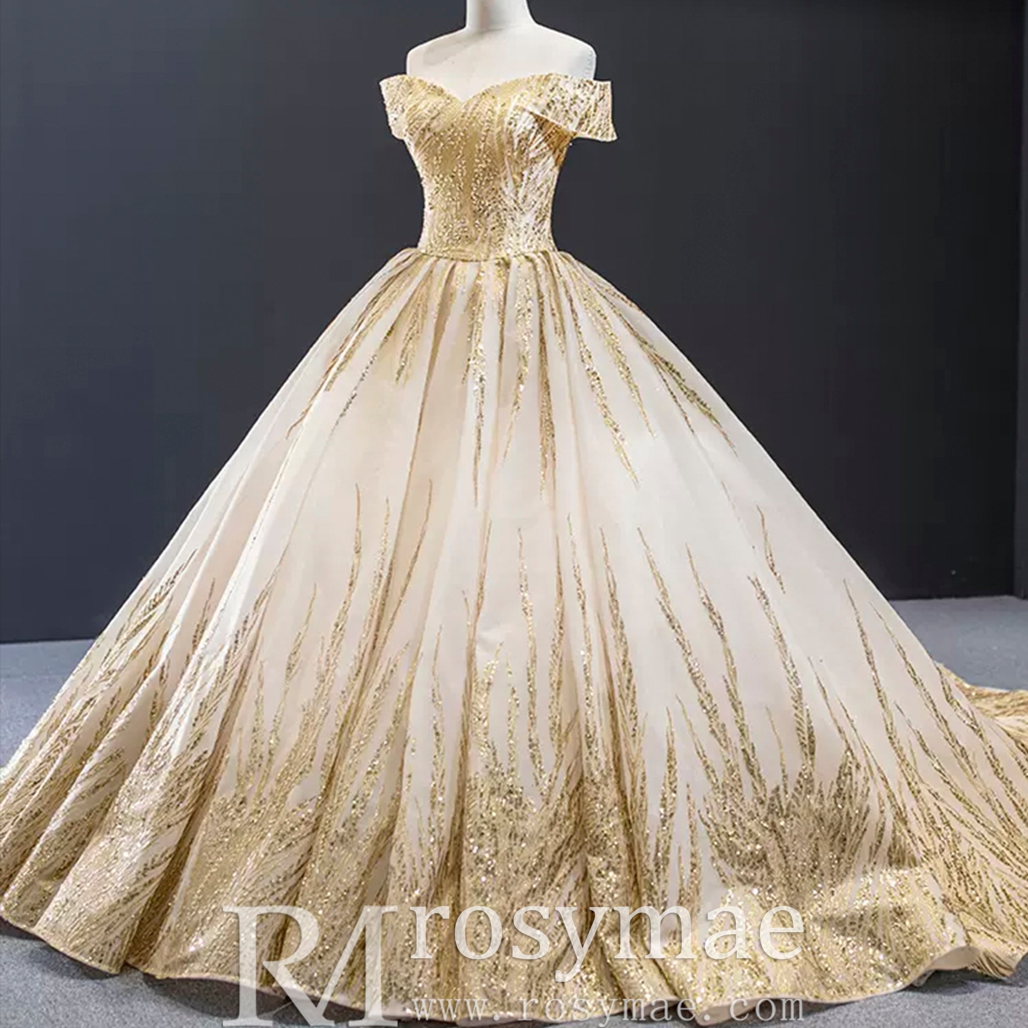 Gorgeous Puffy Skirt Gold Wedding Dress with Off The Shoulder - Rosymae