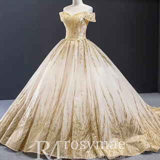 Gorgeous Puffy Skirt Gold Wedding Dress with Off The Shoulder - Rosymae