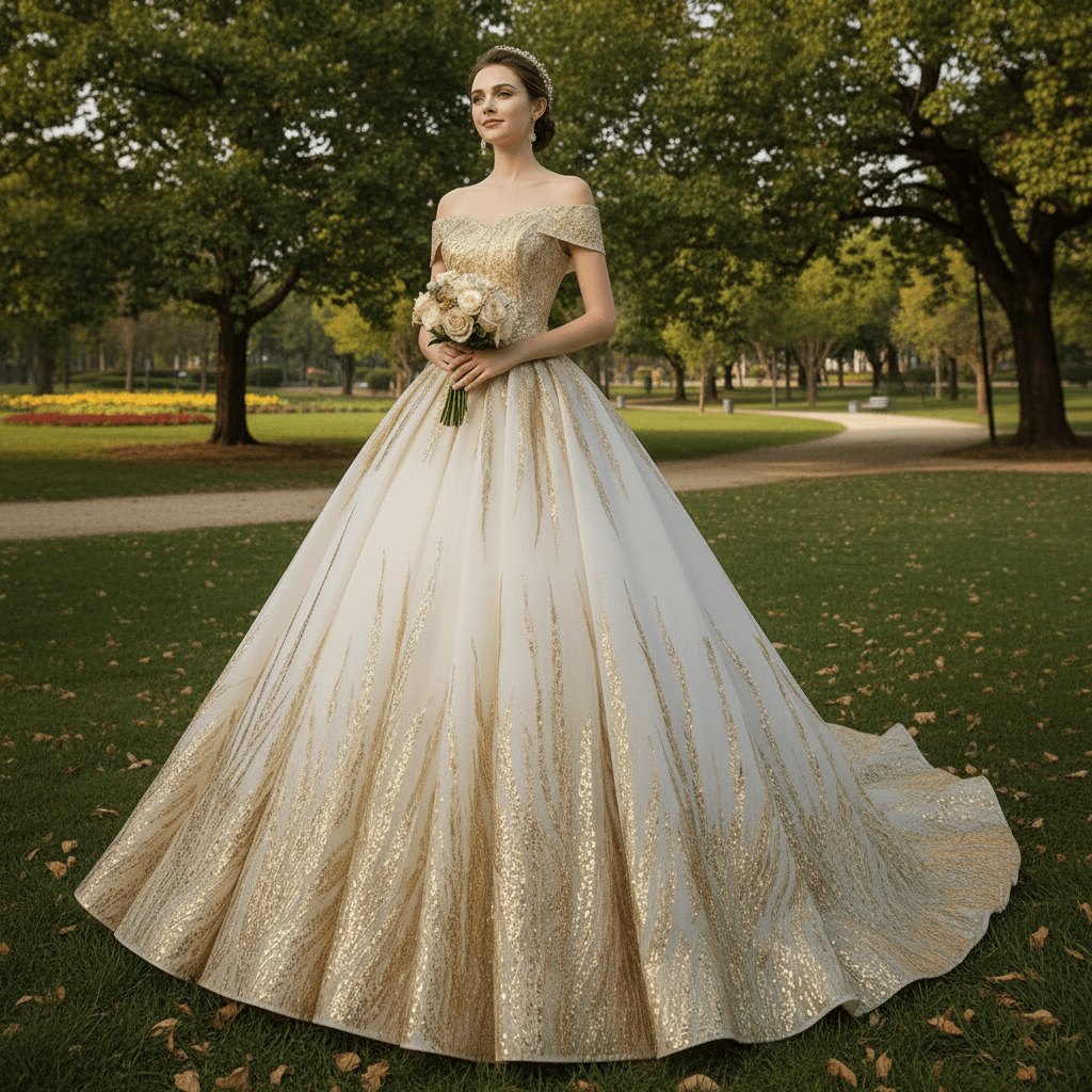 Gorgeous Puffy Skirt Gold Wedding Dress with Off The Shoulder - Rosymae