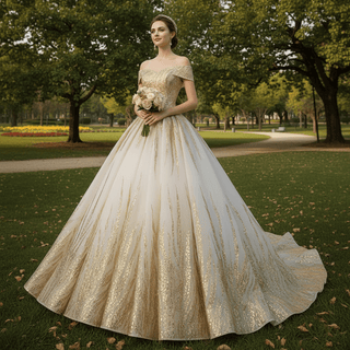 Gorgeous Puffy Skirt Gold Wedding Dress with Off The Shoulder - Rosymae