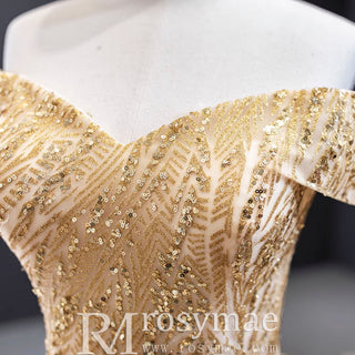 Gorgeous Puffy Skirt Gold Wedding Dress with Off The Shoulder - Rosymae