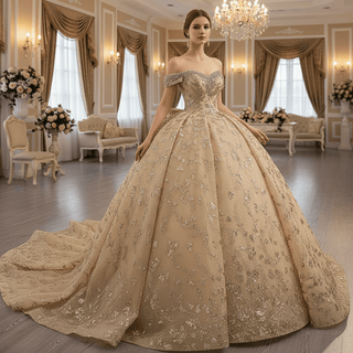 Gorgeous Sequin Basque Waist Wedding Gown Off Shoulder Quinceanera Dress - Rosymae