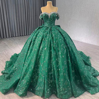Gorgeous Sequin Basque Waist Wedding Gown Off Shoulder Quinceanera Dress - Rosymae