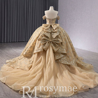Gorgeous Sequin Basque Waist Wedding Gown Off Shoulder Quinceanera Dress - Rosymae