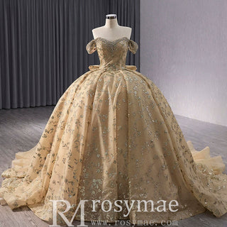 Gorgeous Sequin Basque Waist Wedding Gown Off Shoulder Quinceanera Dress - Rosymae