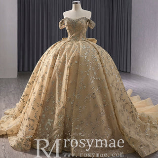 Gorgeous Sequin Basque Waist Wedding Gown Off Shoulder Quinceanera Dress - Rosymae