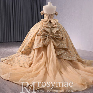 Gorgeous Sequin Basque Waist Wedding Gown Off Shoulder Quinceanera Dress - Rosymae