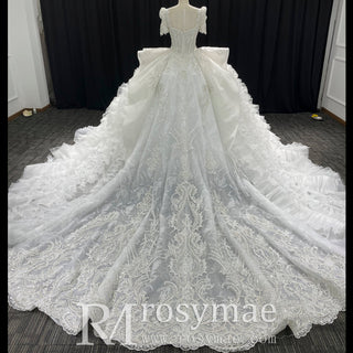Gorgeous Short Puffy Sleeves Sparkle Wedding Dress with Square-neck - Rosymae