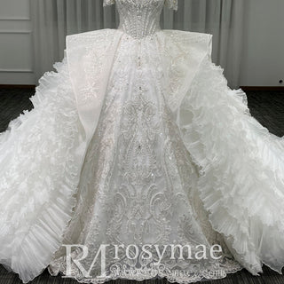 Gorgeous Short Puffy Sleeves Sparkle Wedding Dress with Square-neck - Rosymae
