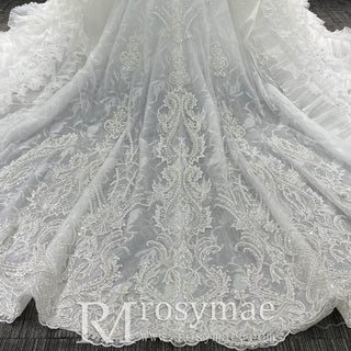 Gorgeous Short Puffy Sleeves Sparkle Wedding Dress with Square-neck - Rosymae