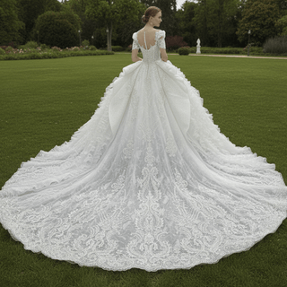 Gorgeous Short Puffy Sleeves Sparkle Wedding Dress with Square-neck - Rosymae