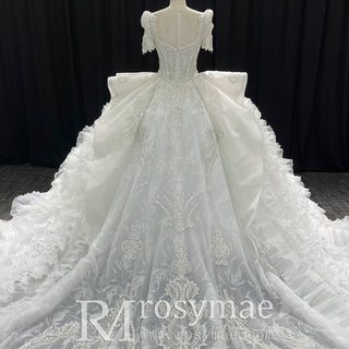 Gorgeous Short Puffy Sleeves Sparkle Wedding Dress with Square-neck - Rosymae