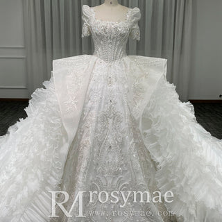 Gorgeous Short Puffy Sleeves Sparkle Wedding Dress with Square-neck - Rosymae