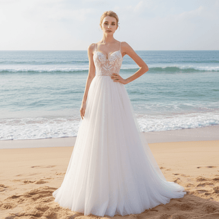 Gorgeous Spaghetti Straps Floral Lace A-Line Wedding Dress - Rosymae